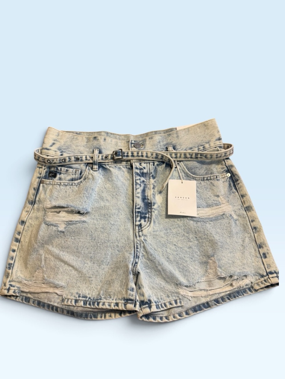 KanCan NWT 9/28 Distressed Acid Wash Denim Shorts Belted 100% Cotton